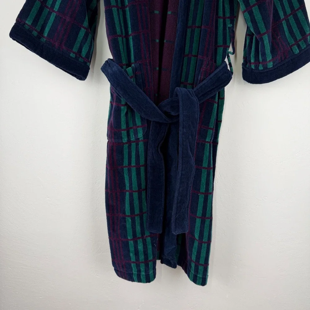 Perry Ellis Portfolio Mens Plaid Cotton Velour Robe Navy Green One Size OS